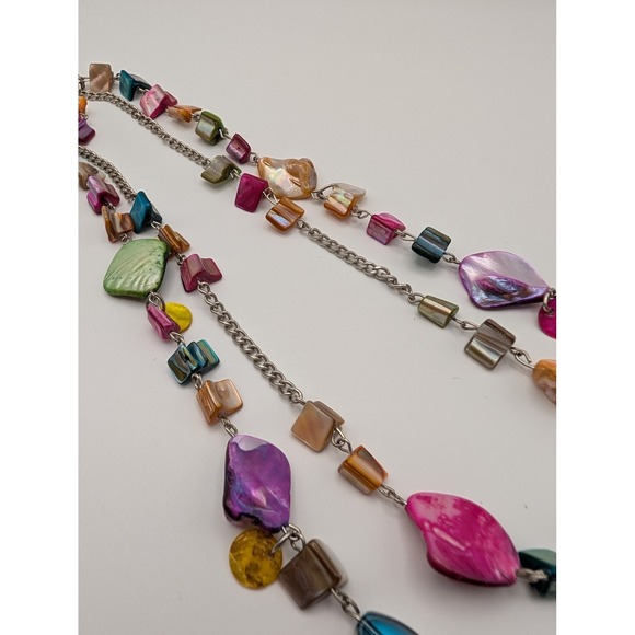 Statement Necklace Colorful Shells Silver Tone Chain Layered Adjustable‎ - Picture 5 of 7